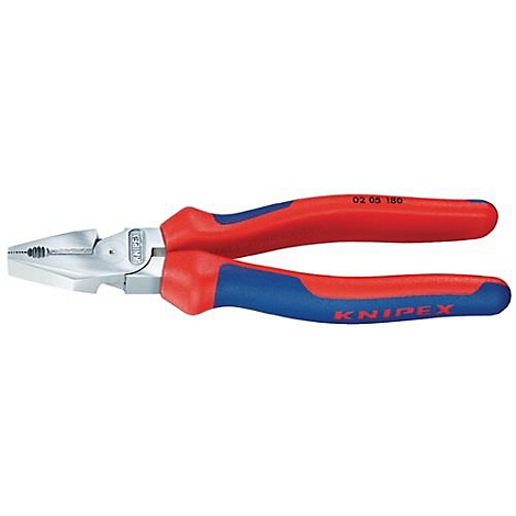 Pince Knipex : poignées rouges et bleues, mâchoires argentées. Sur les poignées : "KNIPEX" et "02 05 180".