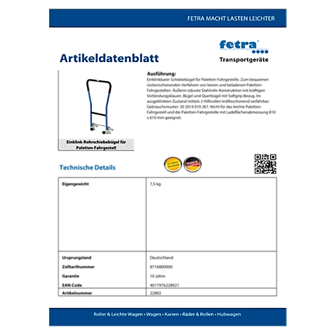 Product data sheet with product information and a diagram of a hand truck.