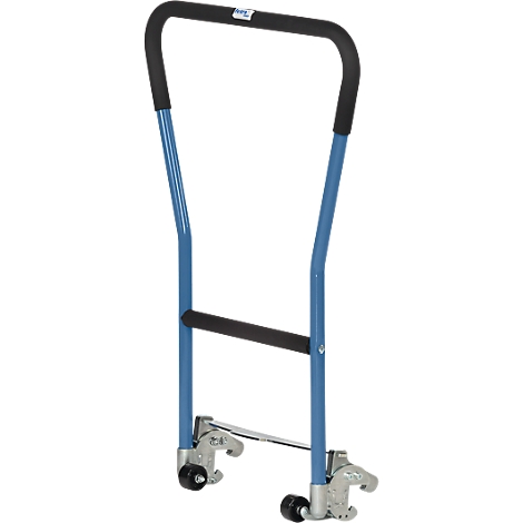 Blue metal transport trolley. Black handles and rollers.