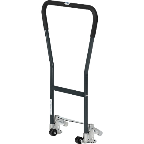 Black hand truck, gray metal frame, padded handle, wheels at the bottom.
