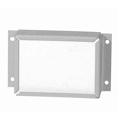 Metal plate with a rectangular frame and holes for attachment. Inner surface white.