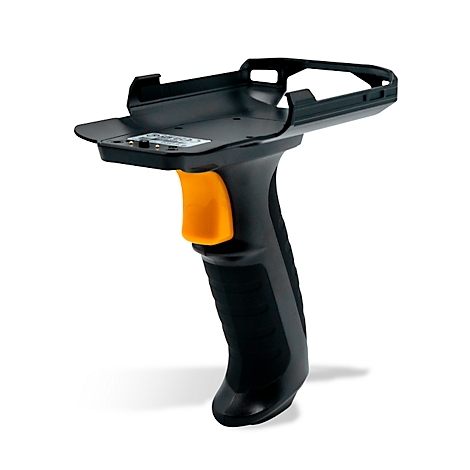 Ein schwarzer Barcode-Scanner mit gelbem Auslöser. Das Gerät hat einen Griff und einen Aufsatz.