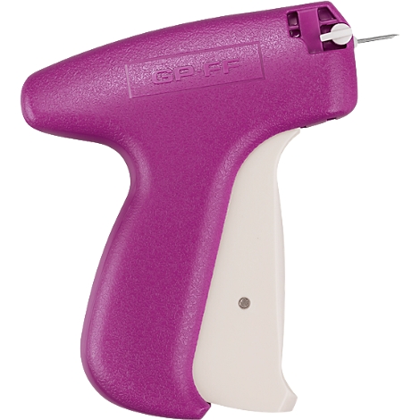 Pistolet d'étiquetage textile violet. Poignée blanche, aiguille métallique sortant. Impression : GF-FF.