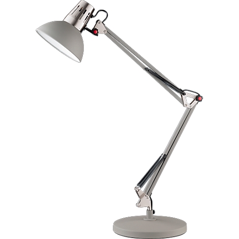 Grey desk lamp, flexibly adjustable. Lampshade, arms and base in grey. Detail: Red on/off switch.