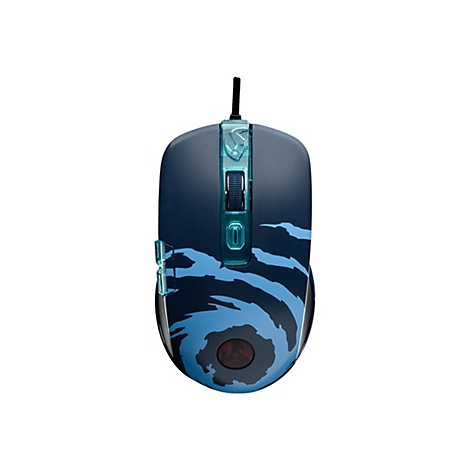 Souris de jeu bleu foncé avec motifs de vagues bleues. Accents bleus transparents sur les boutons et la molette.