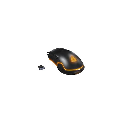 Schwarze Gaming-Maus mit orangefarbener Beleuchtung und einem kleinen USB-Empfänger.