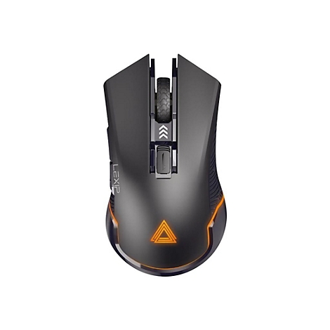 Drahtlose Gaming-Maus. Schwarz mit orangefarbenen Akzenten und Logo. Scrollrad und Zusatztasten.