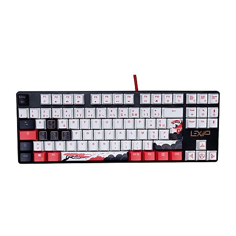 Schwarze Tastatur mit roten und weißen Akzenten. Japanisches Motiv auf der Leertaste. Rotes Kabel.