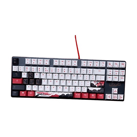Mechanische Tastatur mit weiß-schwarzem Design und roten Akzenten, verziert mit asiatischen Kirschblütenmustern.