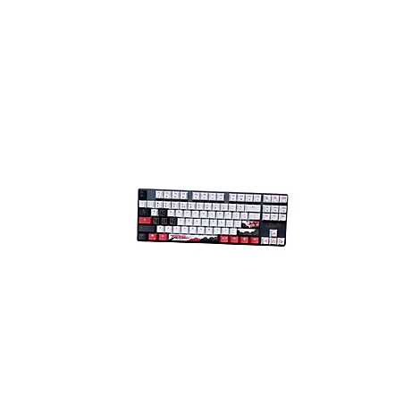 Mechanische Tastatur mit weißen und roten Tasten, japanischem Design. Schwarzes Gehäuse mit farbigen Akzenten.