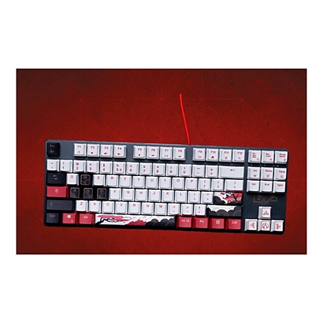 Mechanische Gaming-Tastatur mit rot-schwarz-weißem Design und japanischen Kirschblüten-Mustern vor rotem Hintergrund.