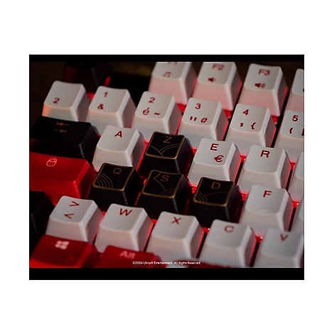 Nahaufnahme einer Gaming-Tastatur mit roten LED-Lichtern. Schwarze und weiße Tasten, mit Buchstaben und Sonderzeichen.