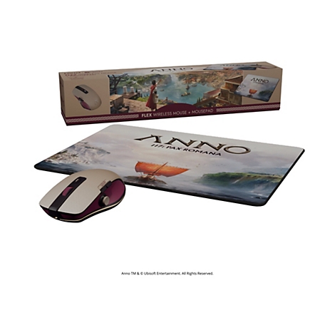 Drahtlose Maus und Mauspad mit "Anno 117: Pax Romana" Motiv. Maus in beige und weinrot, Mauspad mit Illustration.