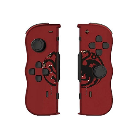 Zwei rote Joy-Con-Controller mit schwarzen Drachen-Emblemen, Tasten und Joysticks. Auf weißem Hintergrund.