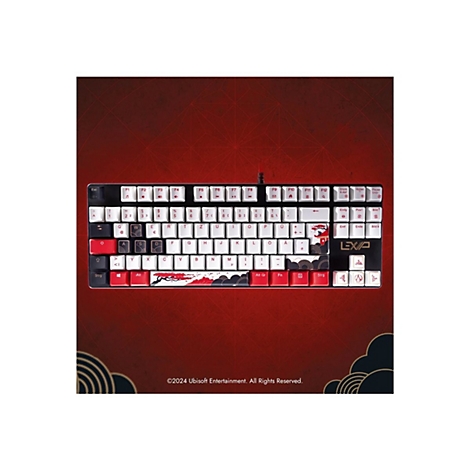Draufsicht auf eine mechanische Tastatur mit schwarzem Gehäuse, weißen Tasten und roter Akzentfarbe, sowie japanischen Designelementen.