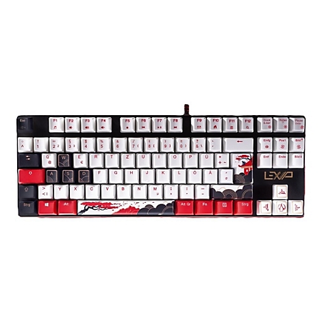 Mechanische Tastatur in Schwarz mit weißen und roten Tasten. Japanisches Design mit rot-weißem Landschaftsmotiv. Beschriftungen in weiß.