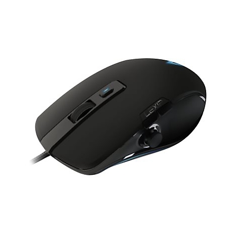 Schwarze Gaming-Maus mit Kabel. Mausrad, Knöpfe und Markennamen "LEXIS" sichtbar.