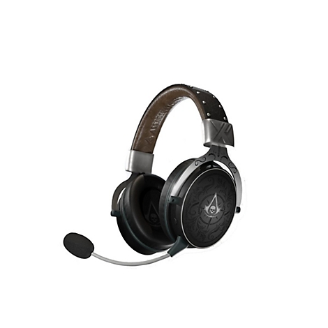 Assassin's Creed Gaming-Headset mit braunem Lederbügel und schwarzen Ohrmuscheln auf weißem Hintergrund.