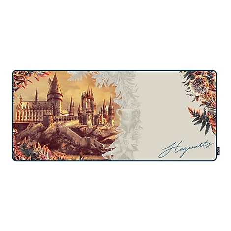 Mauspad mit Hogwarts-Motiv, umgeben von floralen Mustern und dem Schriftzug 'Hogwarts'.