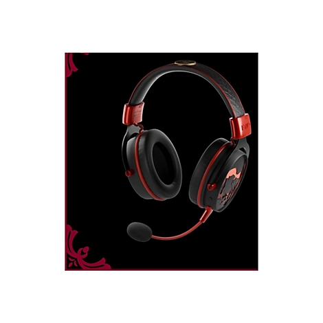 Schwarzes Gaming-Headset mit roten Akzenten. Mikrofon, Ohrmuschel mit roter Verzierung.