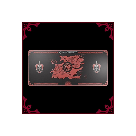 Schwarzes Mousepad mit roter Karte von Westeros, Game of Thrones-Logo, Wappen und Bordüre.