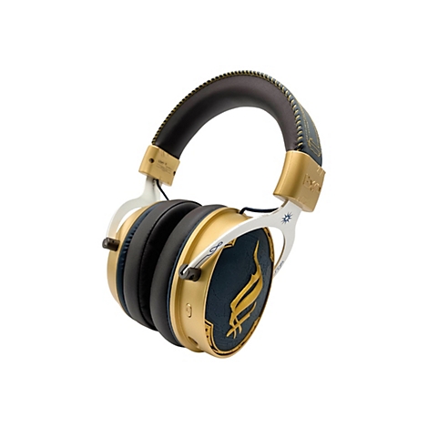 Draufsicht auf Kopfhörer in Gold und Blau mit einem Logo auf der Ohrmuschel, vor weißem Hintergrund.