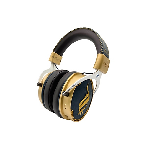 Draufsicht auf einen Kopfhörer in Gold und Blau. Der Bügel ist gepolstert, goldfarben abgesetzt. Auf den Ohrmuscheln ist ein Symbol zu sehen.