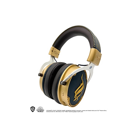 Hellbraune und marineblaue Kopfhörer mit goldenen Akzenten, auf weißem Hintergrund.