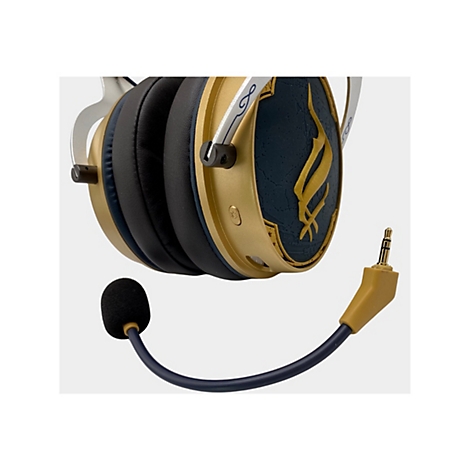 Nahaufnahme eines goldenen Headsets mit dunkelblauen Akzenten und abnehmbarem Mikrofon. Das Design beinhaltet ein goldenes Logo und ein silbernes Stirnband.