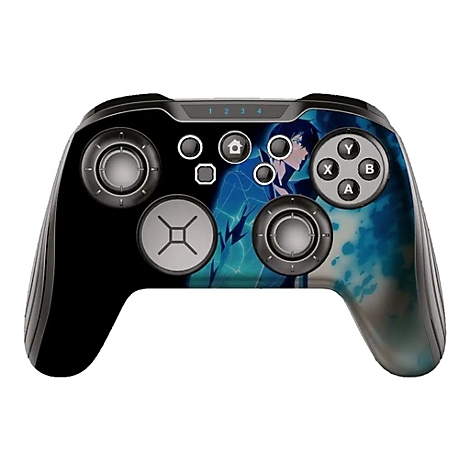 Schwarzer Gamecontroller mit Anime-Grafik. Die Knöpfe sind beschriftet mit Buchstaben und Zahlen.