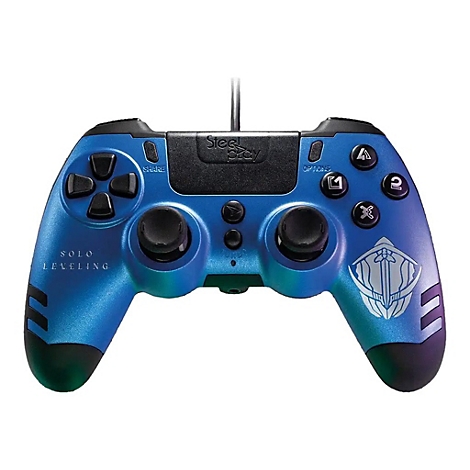 Blauer Gaming-Controller mit schwarzen Knöpfen. Mit „Solo Leveling“-Schriftzug und Logo.