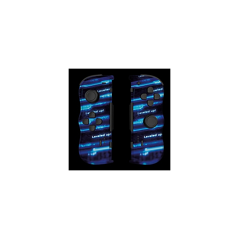 Zwei blaue, anscheinend individuell gestaltete Gamecontroller-Hälften mit schwarzem Joystick und Tasten. Darauf steht "Leveled up!".