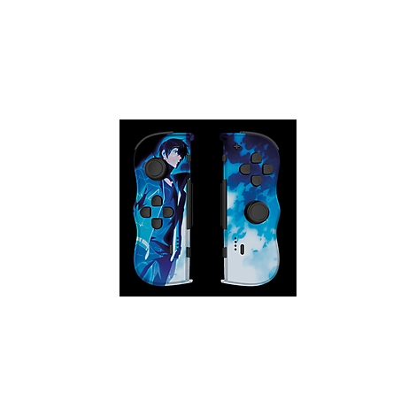 Zwei Joy-Con-Controller mit Anime-Motiv, blau und weiß. Auf dem linken Controller ist ein Charakter abgebildet.