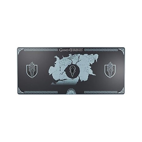 Schwarzes Spielbrett mit Game of Thrones-Motiv. Hellblaue Karte, Wappen und Schriftzug. Umlaufendes Muster. 