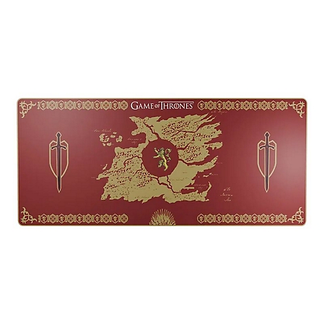 Eine rechteckige Game of Thrones-Tischunterlage mit Karte. Roter Hintergrund, goldene Verzierungen und Logos. Schwerter an den Seiten.