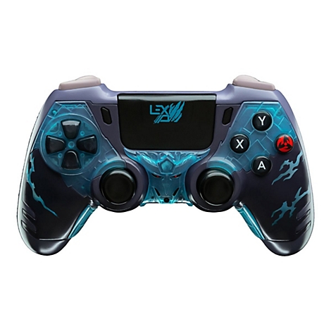 Ein Gaming-Controller mit blauem und schwarzem Design vor weißem Hintergrund. Mit X-, Y-, A- und B-Tasten, sowie dem LX-Logo.
