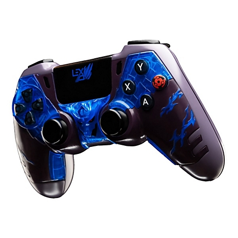Ein Gaming-Controller in Violett und Blau. Blaue Akzente, blaue Tasten, Logo.
