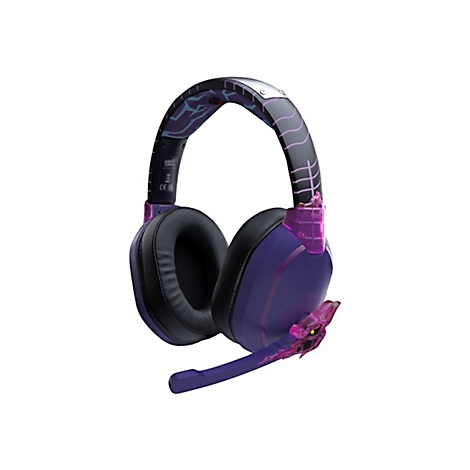 Drahtloses Gaming-Headset in Lila und Schwarz mit einem Mikrofon. Das Headset hat ein einzigartiges Design mit transluzenten Elementen.