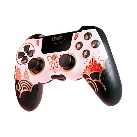Ein weiß-schwarzer Gamecontroller mit roten und goldenen Akzenten. Knöpfe und Details zeigen japanische Motive. Aufschrift: LEXIP.