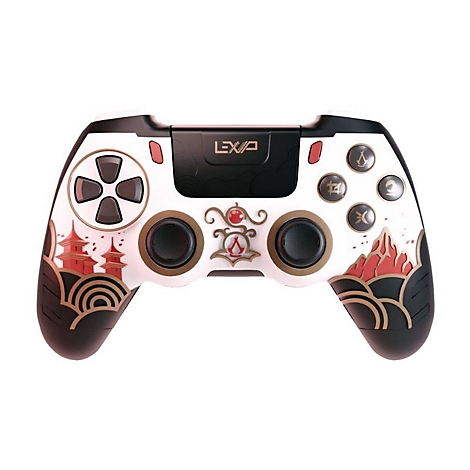 Ein weißer, schwarzer und goldener Controller mit rotem Design, Tasten und "LEXIP" Schriftzug.