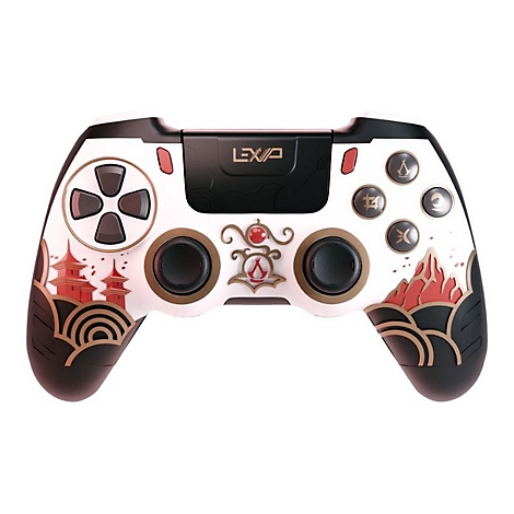 Weißer Controller mit roten und goldenen Details, japanisch inspiriert. Schwarze Analog-Sticks, Richtungspad und Tasten.