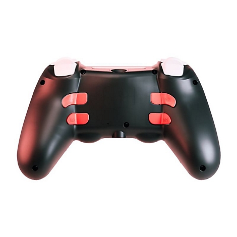 Schwarzer Gamecontroller mit roten Tasten und weißen Knöpfen auf weißem Hintergrund.