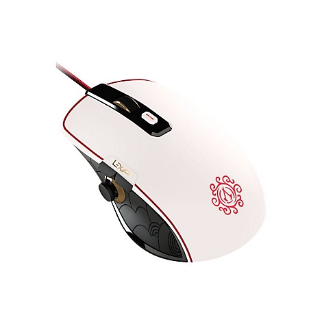 Weisse Gaming-Maus mit roter Umrandung und rotem Kabel. Auf der Oberfläche ein rotes Muster. Am Rand Logo.