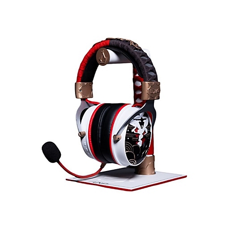 Gaming-Headset auf Ständer, rot-weiß-schwarz mit Mikrofon. Detailreiche Grafik auf Ohrmuschel.