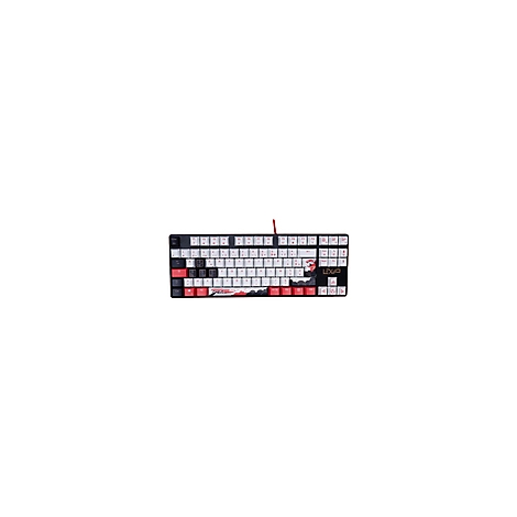 Eine mechanische Tastatur mit weiß-roten Tasten und japanischen Motiven. Ein rotes Kabel geht ab.