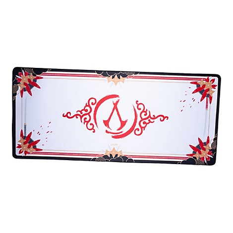 Rechteckige Mousepad-Oberfläche, weiß mit rotem Assassin's Creed-Logo und Dekor. Ecken mit Blumen und Schwertern.