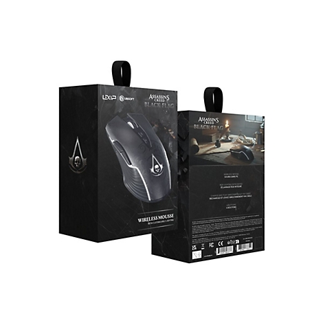 Verpackung der Assassin's Creed Black Flag Gaming-Maus mit schwarzem Design und Logo.
