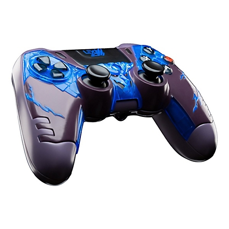 Une manette de jeu violette et bleue sur fond blanc. Accents bleus, boutons noirs et joysticks.