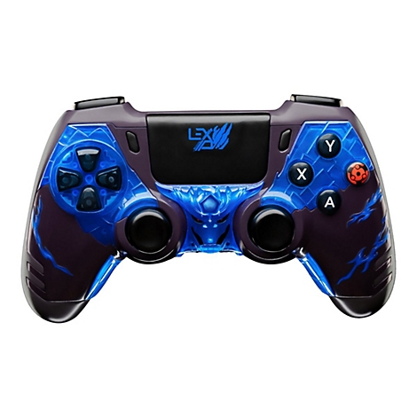 Manette violet foncé avec des accents bleus, des boutons bleus lumineux et un logo.