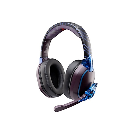 Vue de dessus d'un casque de jeu violet et noir avec des accents bleus illuminés.